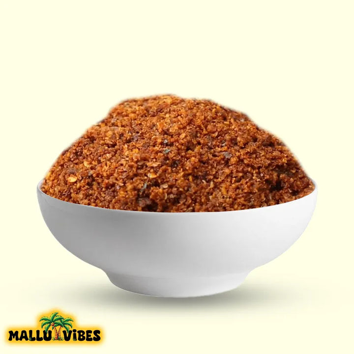 Homemade Fresh Prawn chammanthi podi with a savory and spicy taste, malayalam - unakka Chemmeen Chammanthi podi with bowl