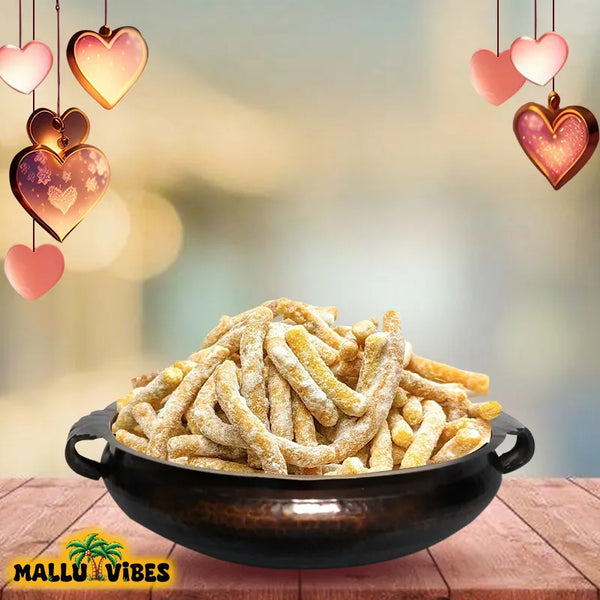 Front view of Mallu Vibes Organic Kerala snacks madhura seva in a bowl, english - sweet sev Buy Kerala Snacks Online