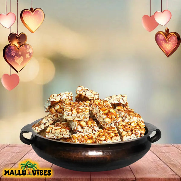 Front view of Online Kerala snacks kappilandi mittai in a bowl, english - Best Kerala snacks online peanut jaggery candy