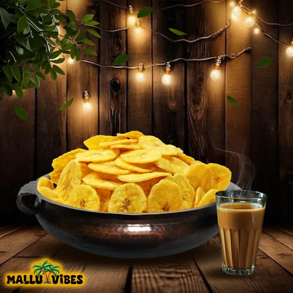 Homemade Fresh Banana chips in a crispy golden banana chips, malayalam - Natural Kerala snacks nendran chips 