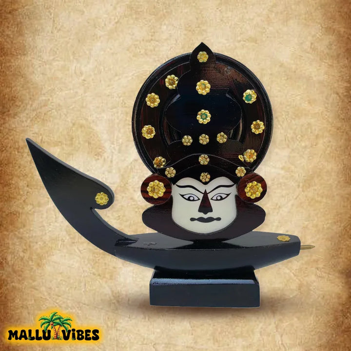 Front view of Kerala arts and crafts wooden boat with kathakali face, english - Traditional Kerala art kathakali face