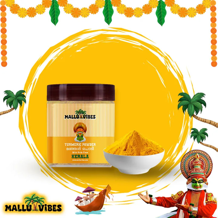 Authentic Kerala bright yellow turmeric powder, used for its earthy flavor and health benefits, malayalam - Homemade Fresh manjal podi