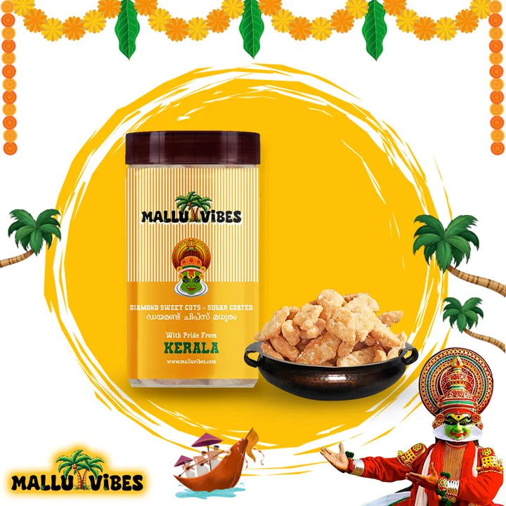 Front view of package with bowl Best Kerala snacks online diamond chips sweet in a bowl, english - Organic Kerala snacks sugar coated diamond sweet cuts