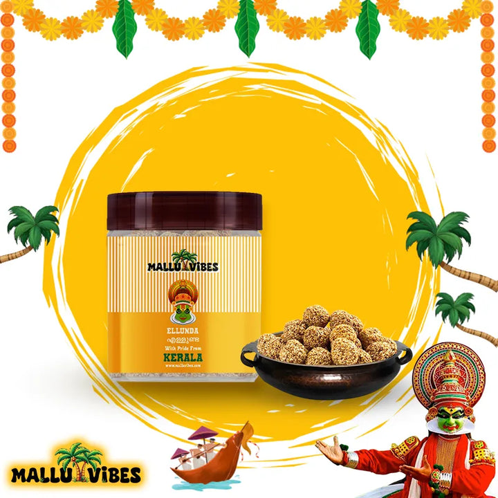 Front view of package with bowl Homemade Kerala snacks Ellunda in a bowl, english - Best Kerala snacks online Ellunda Sesame jaggery balls