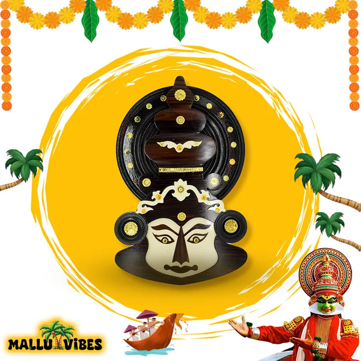 Front view of Unique Kerala handicrafts wooden Kathakali face, english - Traditional Kerala art kathakali face