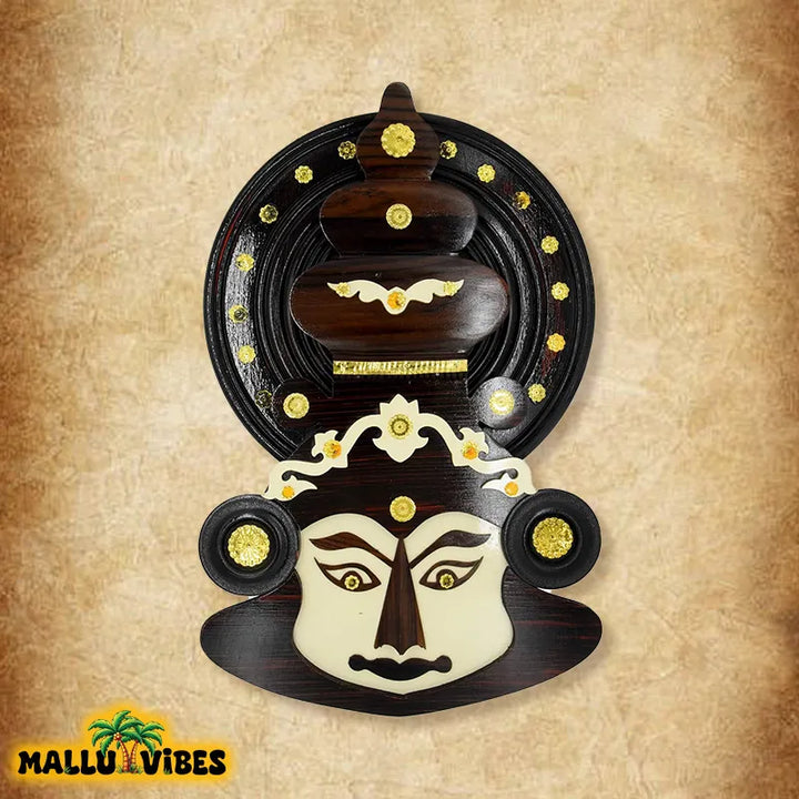 Front view of Unique Kerala handicrafts wooden Kathakali face, english - Traditional Kerala art kathakali face