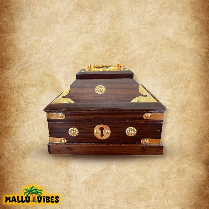 Front view of Handicrafts of Kerala nettur petti for storing makeup, english - Traditional Kerala art wooden makeup box big