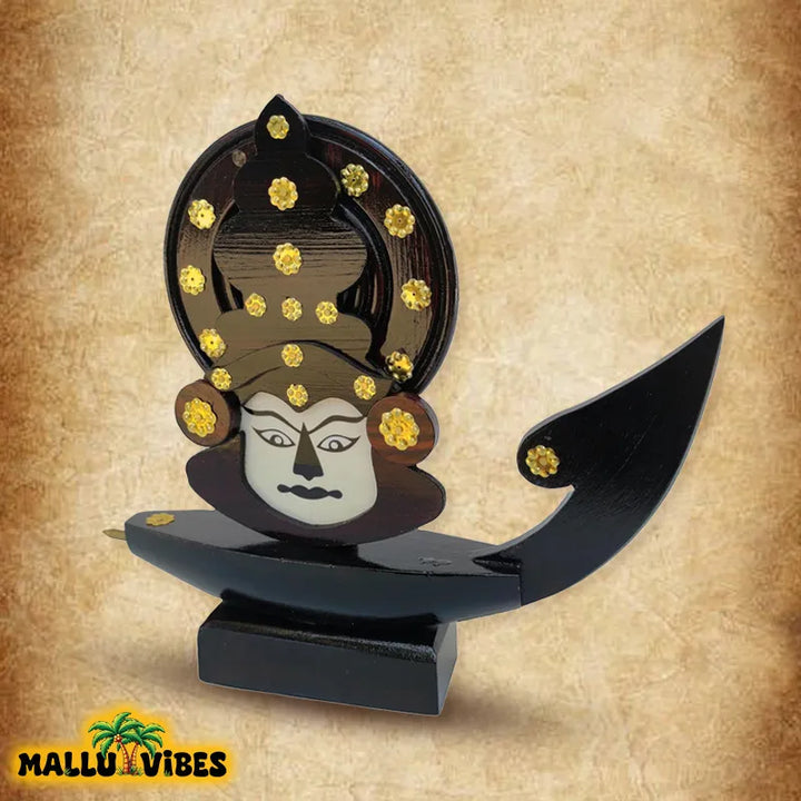 Side view of Kerala arts and crafts wooden boat with kathakali face, english - Traditional Kerala art kathakali face