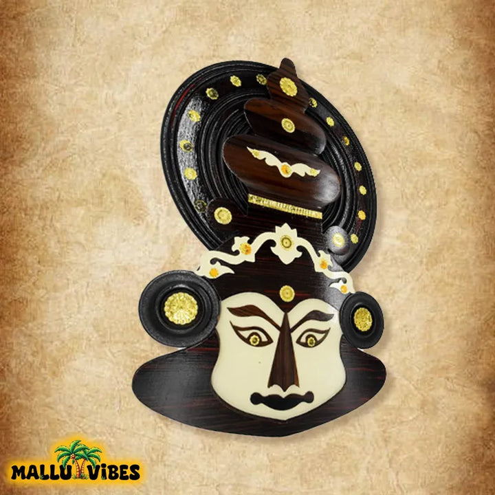 Side view of Unique Kerala handicrafts wooden Kathakali face, english - Traditional Kerala art kathakali face