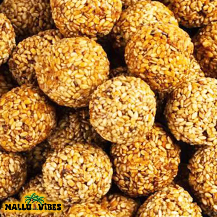 Top view of Homemade Kerala snacks Ellunda in a bowl, english - Best Kerala snacks online Ellunda Sesame jaggery balls