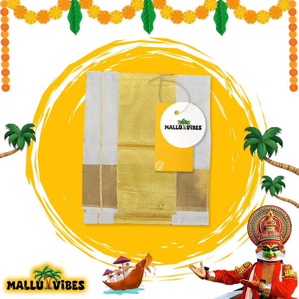 Top view of kerala kasavu saree on traditional background, english - kasavu saree