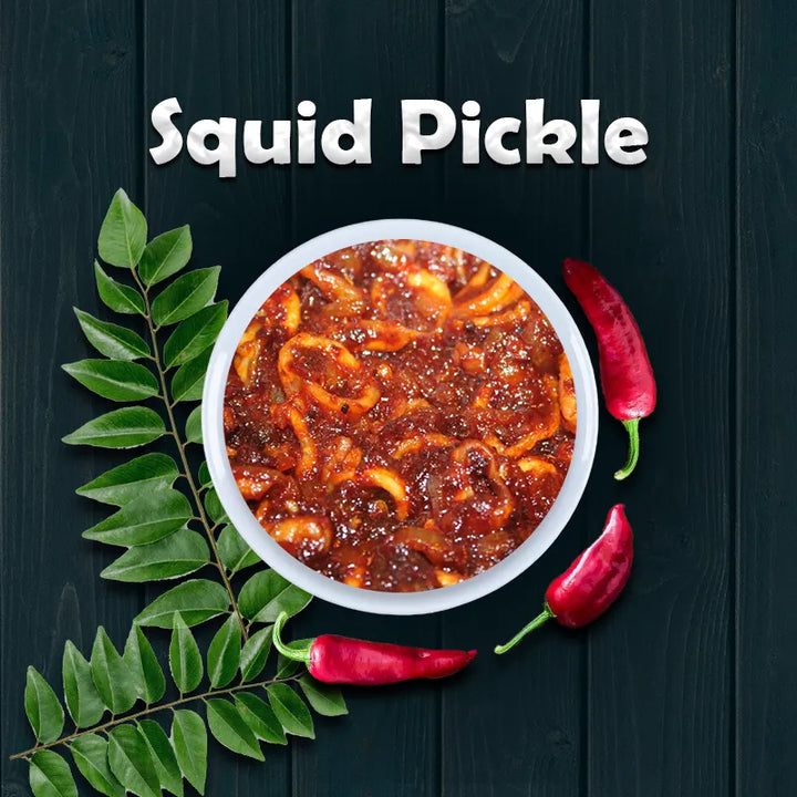 Top view of spicy seafood squid pickle in a Kerala pickles rich spice blend with Homemade Kerala pickles, and No Preservatives, malayalam - Homemade Fresh kanava achar