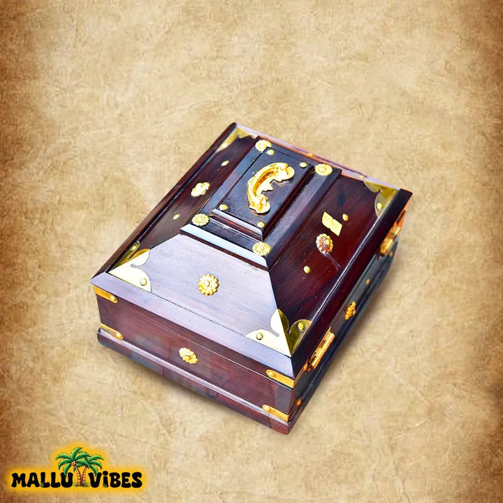 Top view of Handicrafts of Kerala nettur petti for storing makeup, english - Traditional Kerala art wooden makeup box big